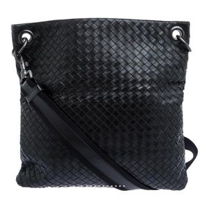 Bottega Veneta Black Intrecciato Leather Flat Messenger Bag